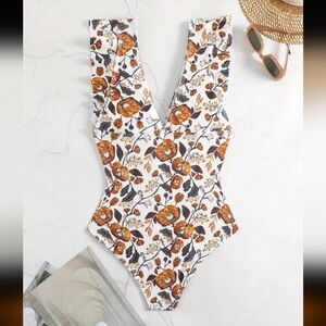 One-Piece Swimsuit with Deep V-Neck Floral Print